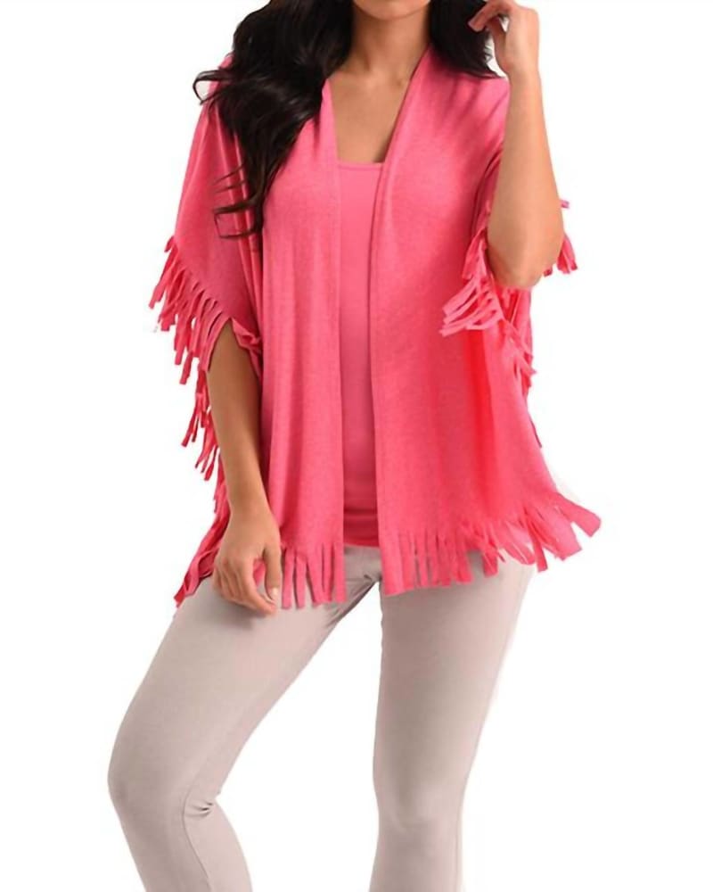 Front of a model wearing a size one-size-fits-all Nea Fringe Kashmira Shawl In Fuchsia in Fuchsia by french kyss. | dia_product_style_image_id:357478